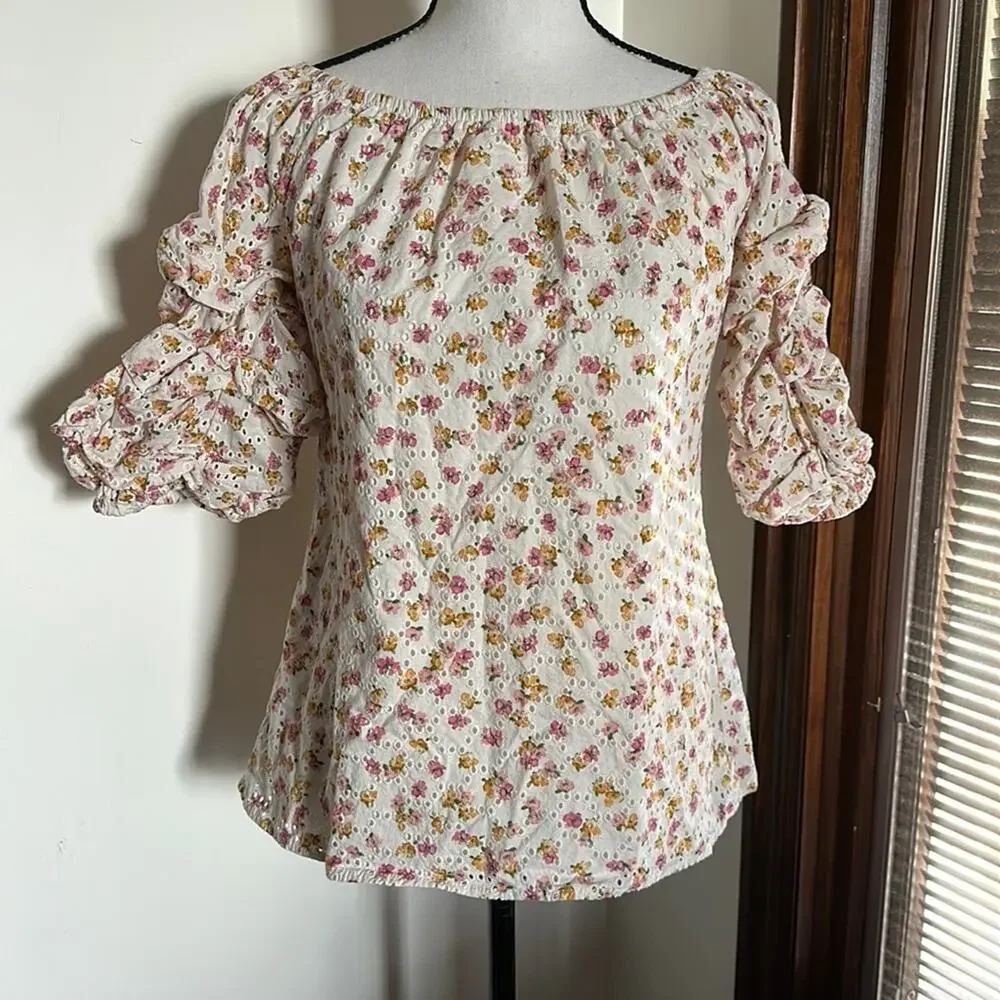 CeCe | Floral Puff/Ruched Sleeve Blouse Size S